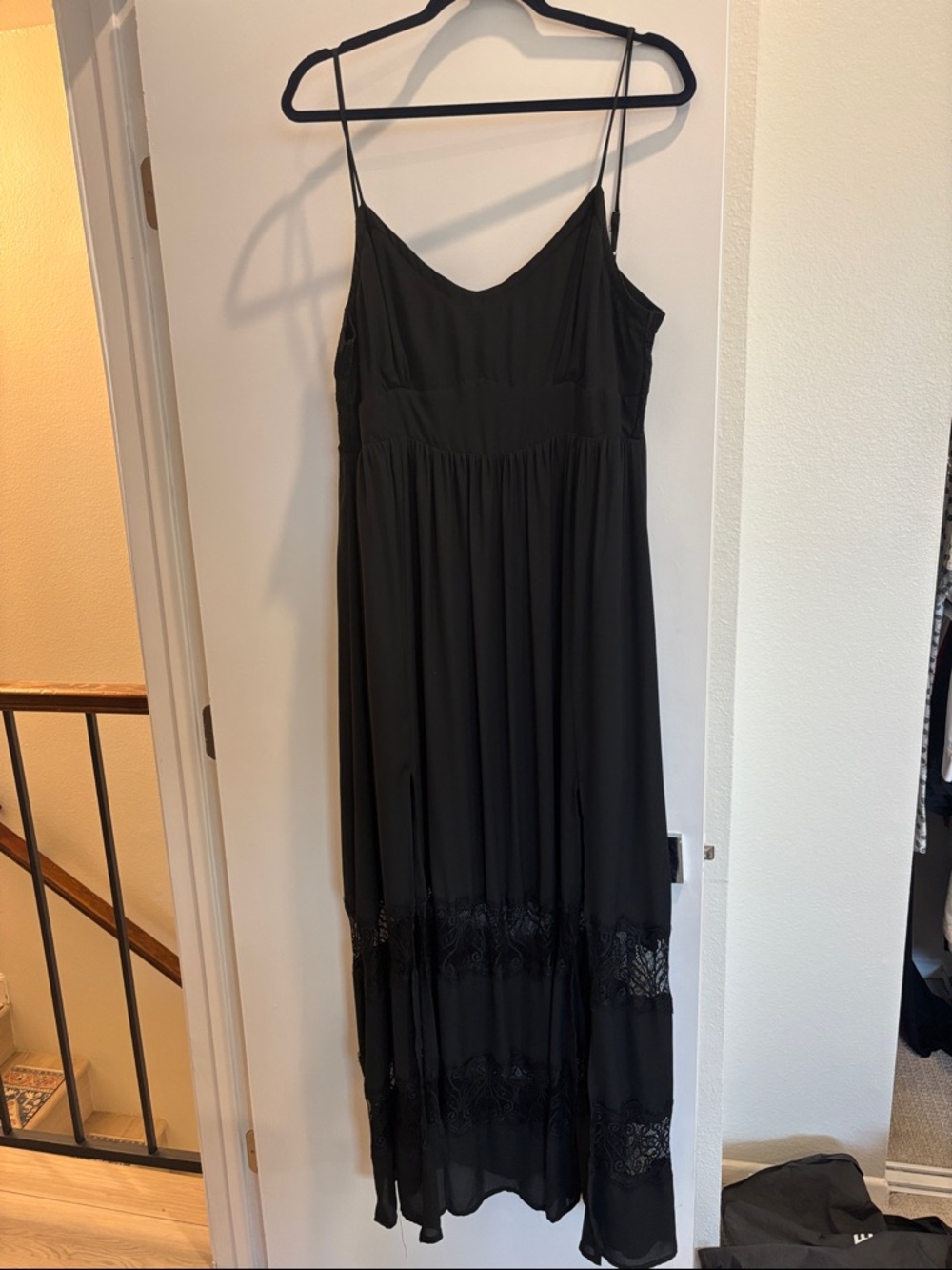 bebe Black Spaghetti Strap Maxi Dress with Lace Panels